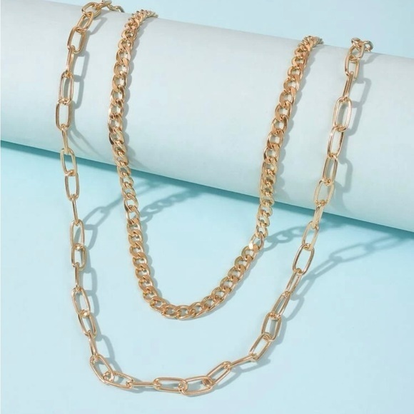 Unisex Double Luxe Gold Chain Necklace Layered Link & Curb Combo - Picture 1 of 7